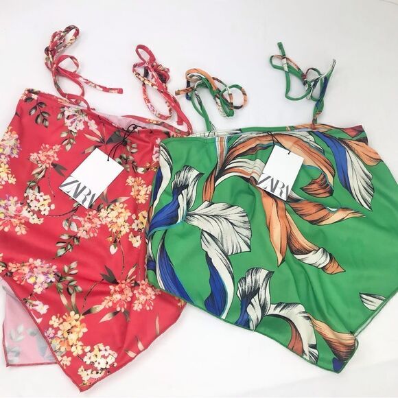 Zara Bundle of Two Red Floral Green Tropical Print Bandana Cami Tank Tops - Picture 4 of 12